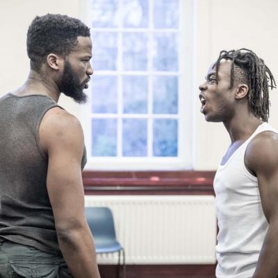Jonathan Ajayi and Sope Dirisu in rehearsal for The Brothers Size. © Marc Brenner