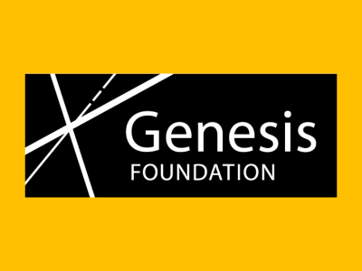 The words 'Genesis Foundation' in white on a black rectangle. White lines criss-cross to form a star on the left hand side