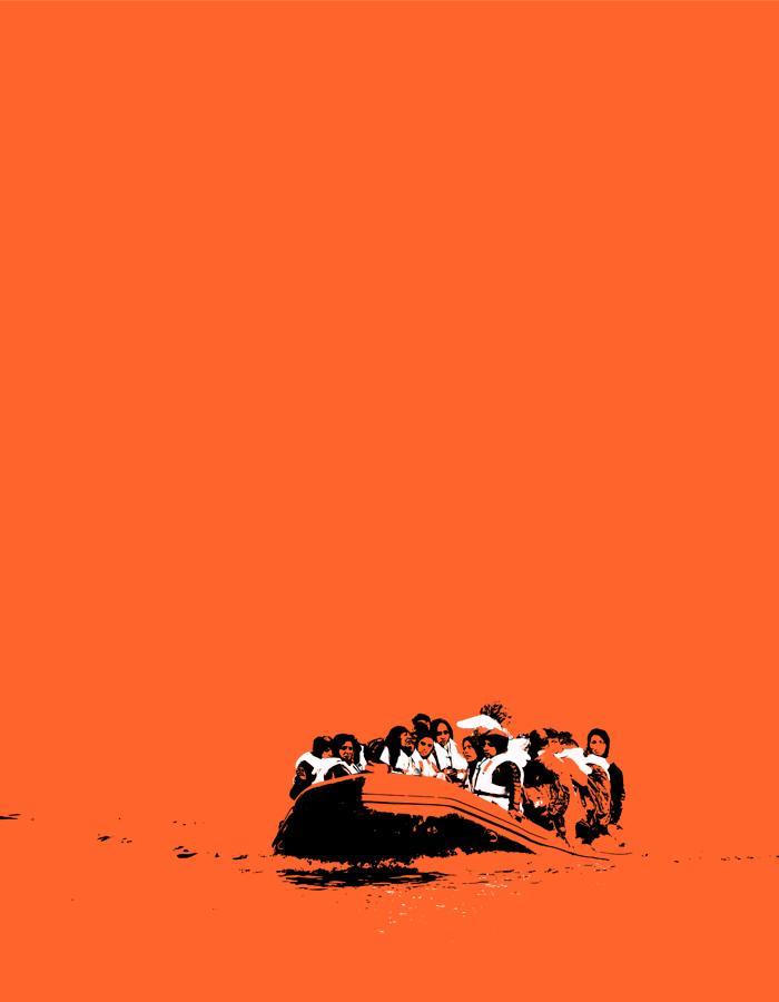 An illustration of a group of female refugees on a small dinghy at sea whose white life jackets are highlighted against the black and orange sketch