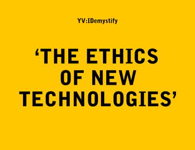 The words 'The Ethics of New Technologies' in black on a yellow background