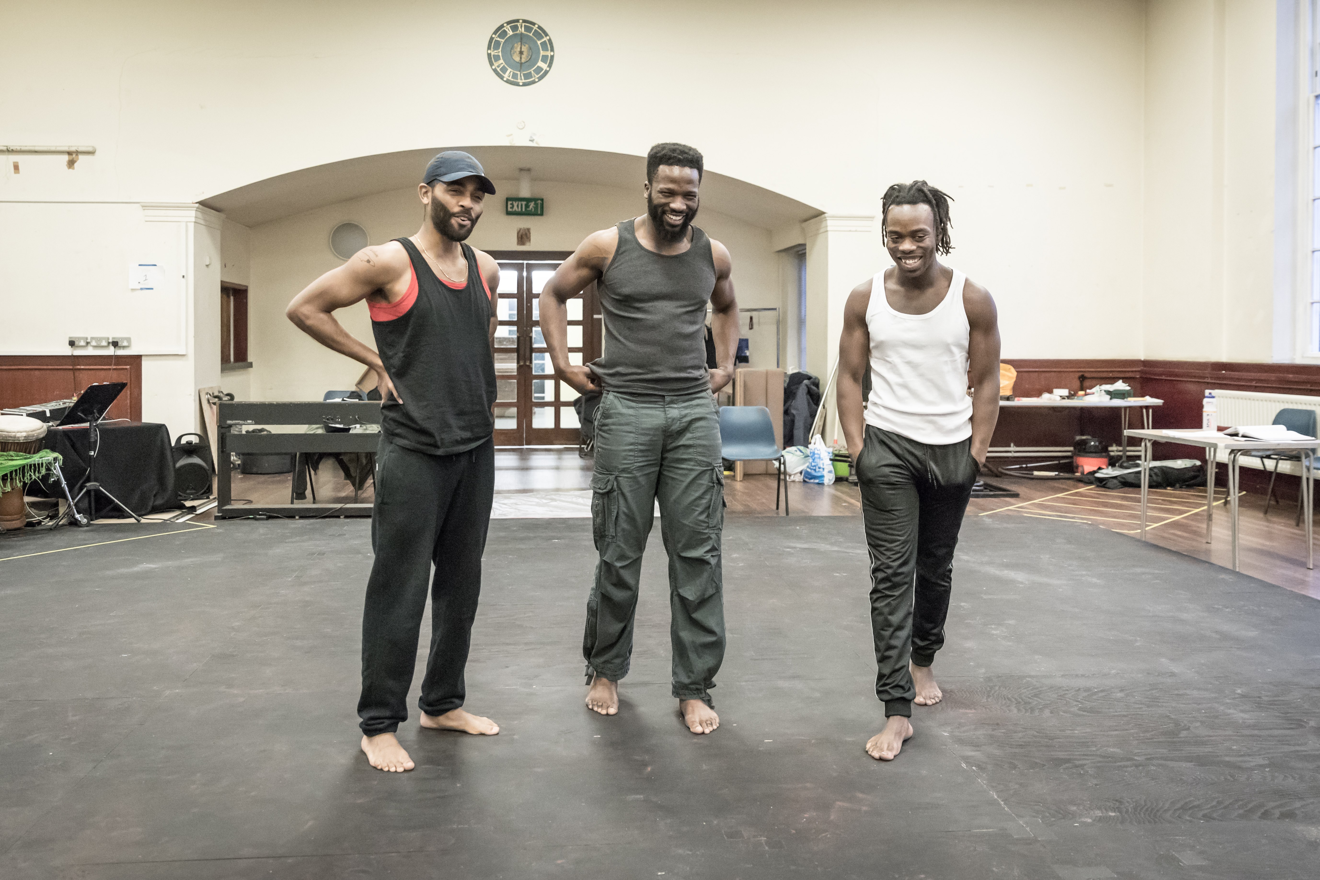 (LtoR) Anthony Welsh, Sope Dirisu and Jonathan Ajayi in rehearsal for The Brothers Size © Marc Brenner