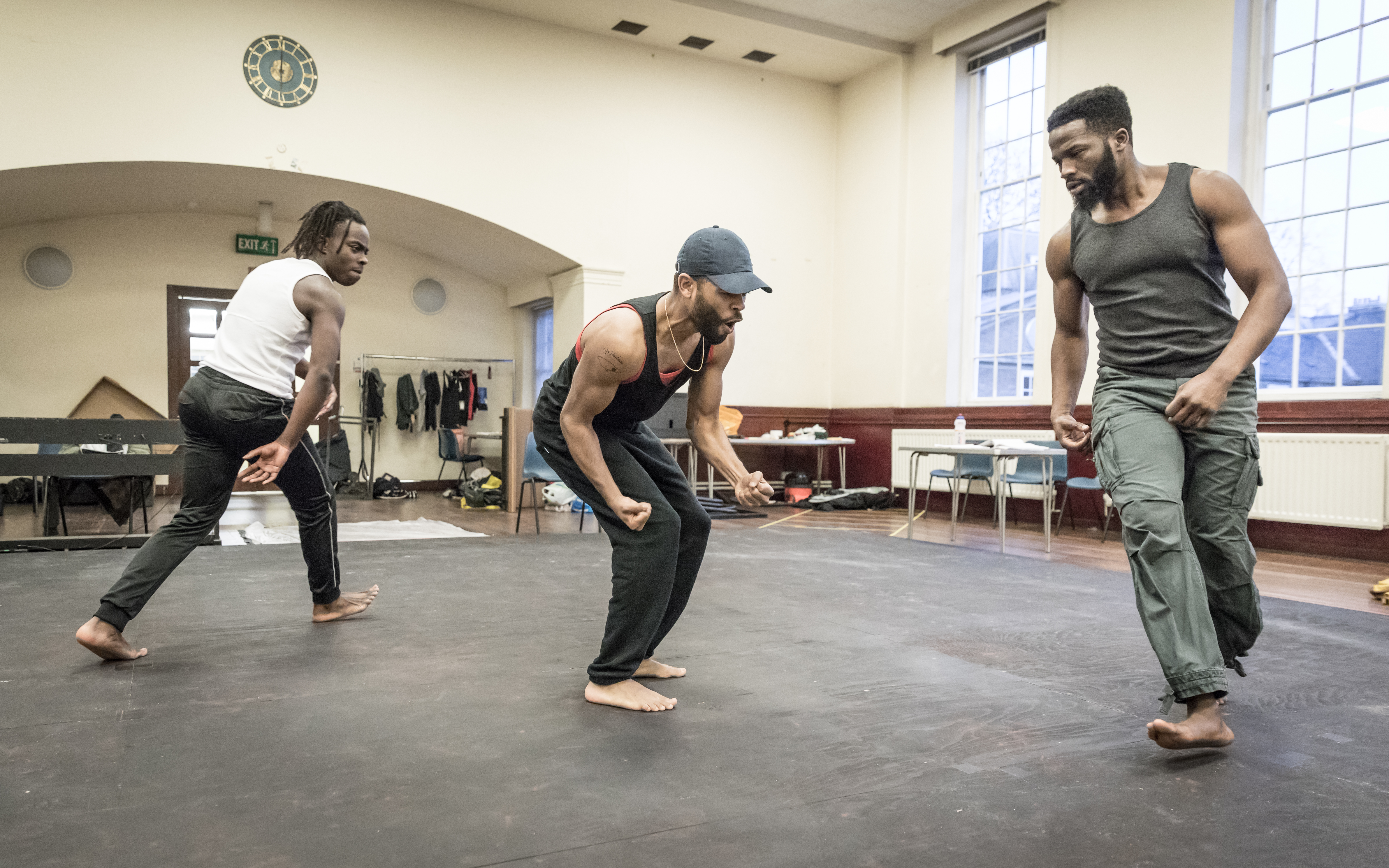 (LtoR) Jonathan Ajayi, Anthony Welsh and Sope Dirisu in rehearsal for The Brothers Size © Marc Brenner