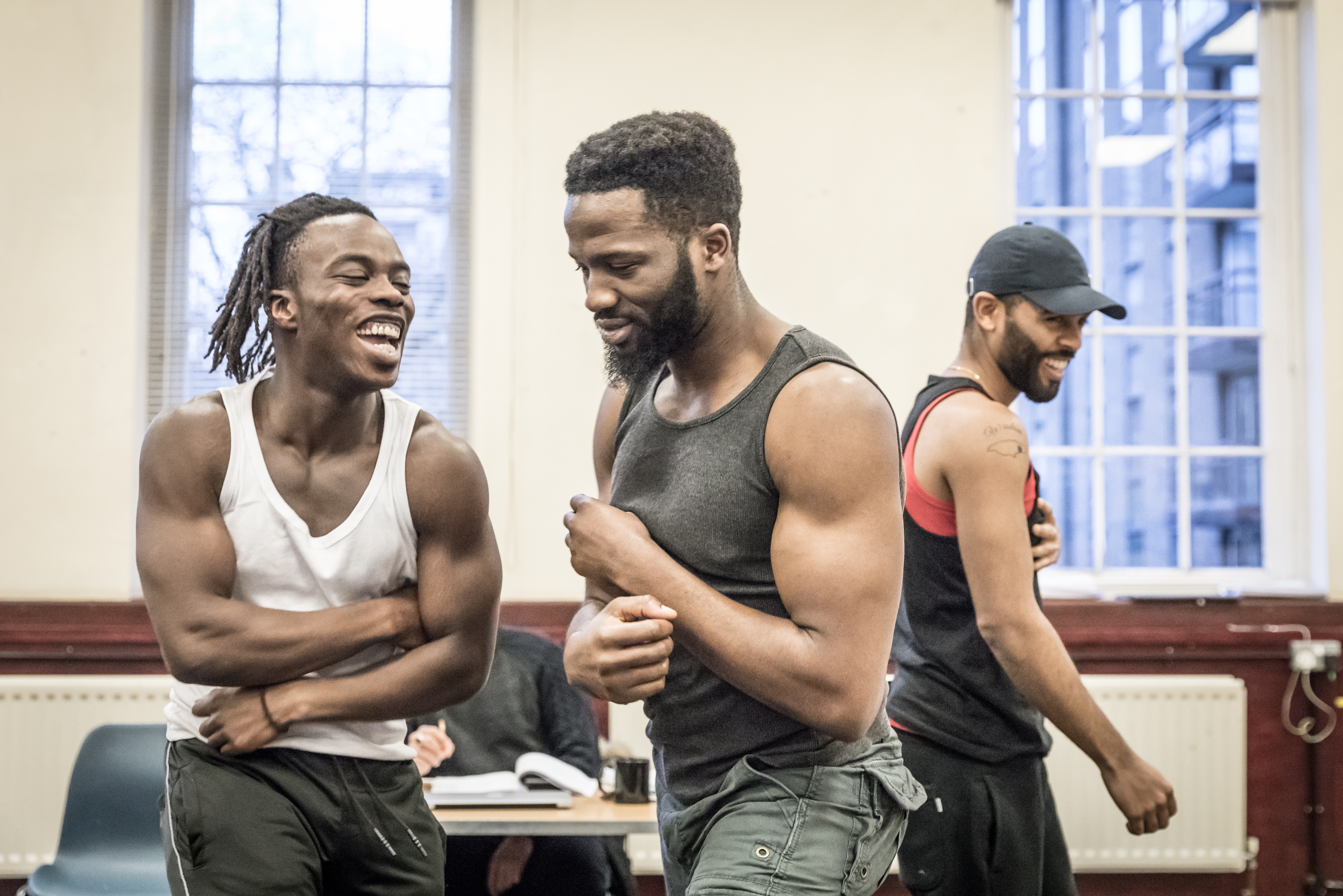 (LtoR) Jonathan Ajayi, Sope Dirisu and Anthony Welsh in rehearsal for The Brothers Size © Marc Brenner (2)