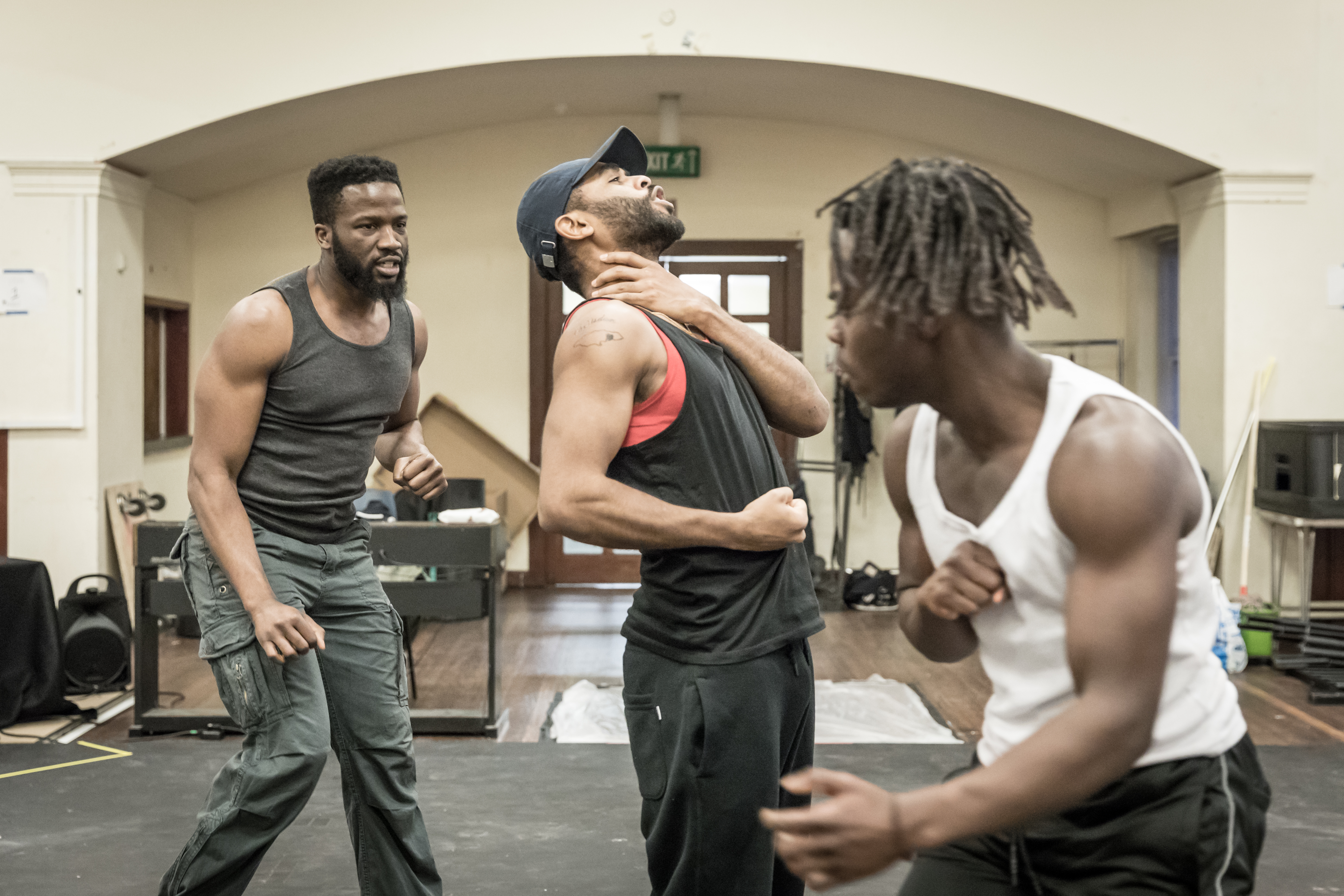 (LtoR) Sope Dirisu, Anthony Welsh and Jonathan Ajayi in rehearsal for The Brothers Size © Marc Brenner