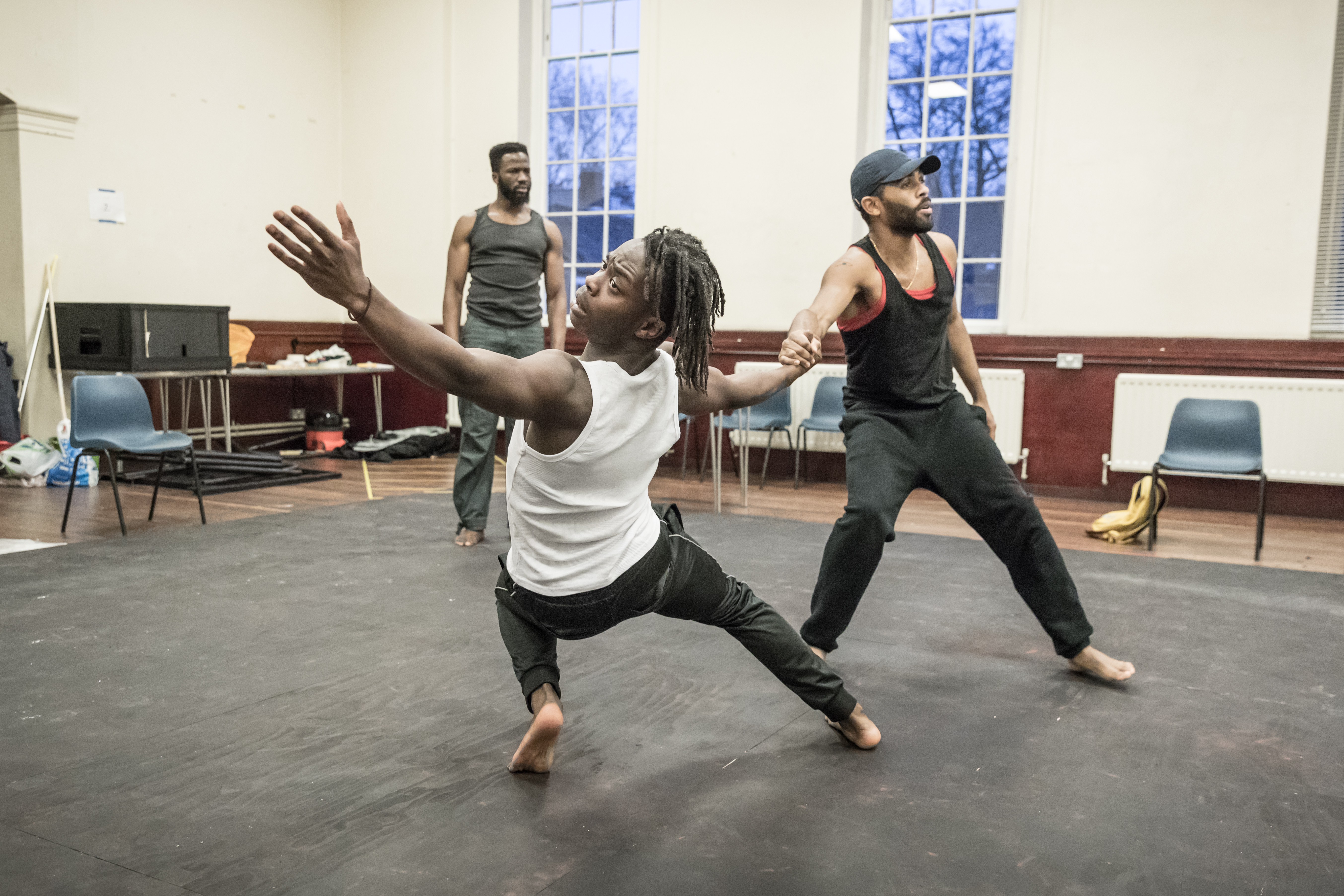 (LtoR) Sope Dirisu, Jonathan Ajayi and Anthony Welsh in rehearsal for The Brothers Size © Marc Brenner (2)
