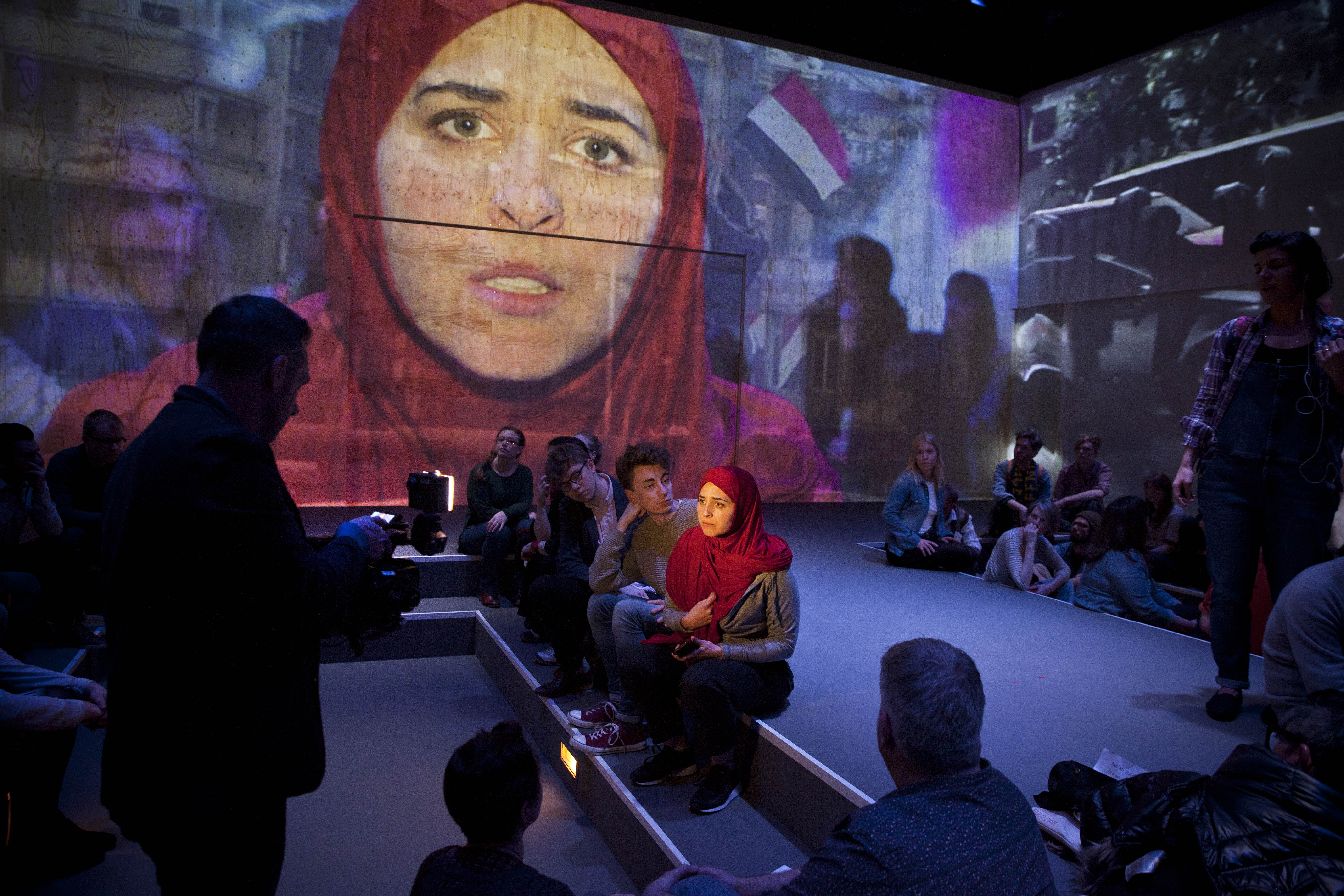 Paul Mason and Lara Sawalha in Why It's Kicking Off Everywhere at the Young Vic. Photo by David Sandison..jpg