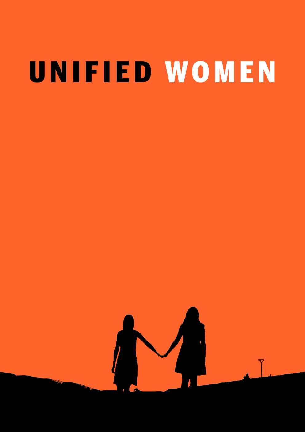 Unified Women artwork. Orange background with silhouettes of two young women standing outside holding hands.