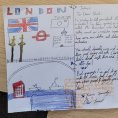 An example of a student’s work; on the right is a handwritten letter and on the left is a drawing of London. 