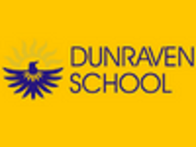 Dunraven Logo which has a yellow half sun, with a blue bird underneath. 