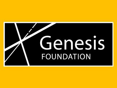 Genesis Foundation logo. White text on a black background with white hatching detailing.