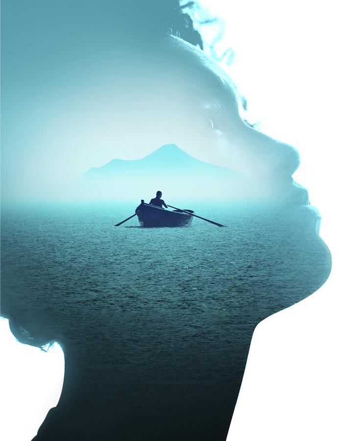 Further than the Furthest Thing, From 9th March to 29th April 2023. A blue-hued side view of a woman with curly hair looking up, with an overlaid image of a person in a boat rowing towards an island. 