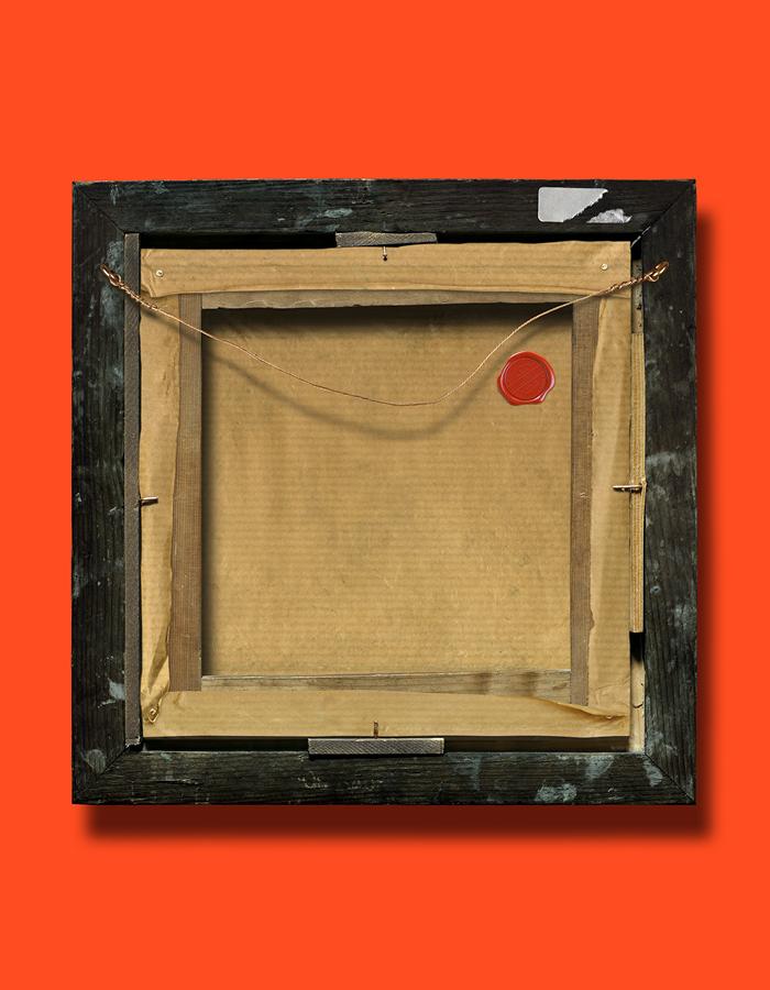 Nachtland. From 20th February - 20th April 2023. The back of a small square painting with dark wooden frame and copper hanging wire. The title Nachtland is in cyan capitals over the frame.