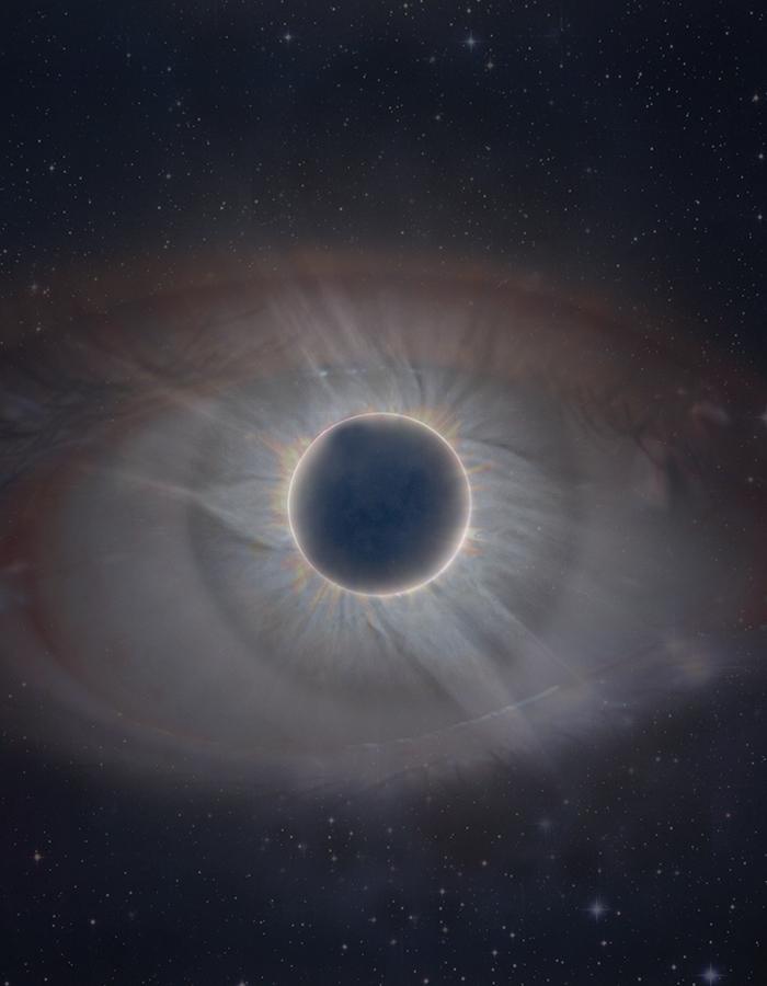 A total eclipse of the sun within an eye to replace the pupil