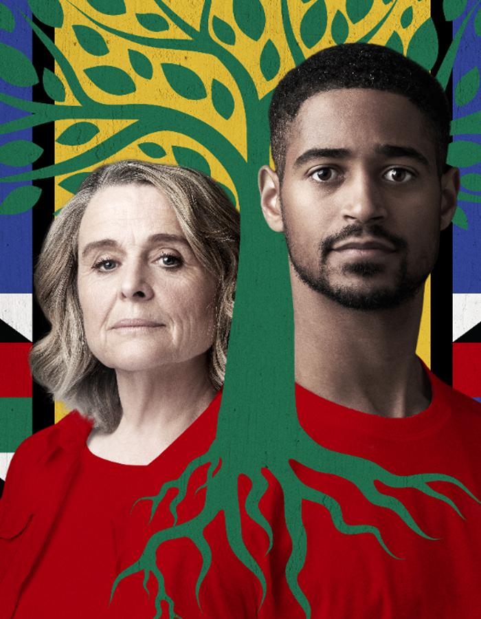 Sinéad Cusack and Alfred Enoch surrounded by an illustrated tree in the colours of the flag of South Africa