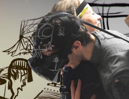 Man with a VR headset hugs with a blonde lady wearing a strap around her head.