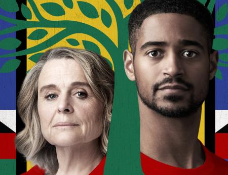 Sinéad Cusack and Alfred Enoch surrounded by an illustrated tree in the colours of the flag of South Africa