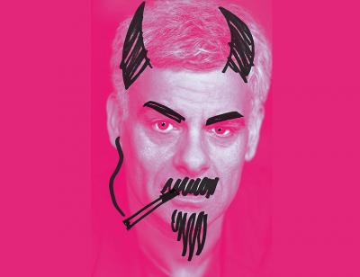 Mark Lockyer's face on a pink background with a pen drawn cigarette, goattee and devil horns.