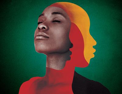 women on green background with red and orange shadows representing the Jamaican flag
